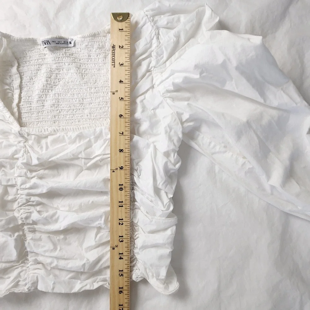 Zara Womens Small White Ruched Puff Sleeve Peasant Blouse Square Neck Cotton EUC